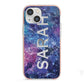 Personalised Clear Name Cutout Space Nebula Custom iPhone 13 Mini TPU Impact Case with Pink Edges