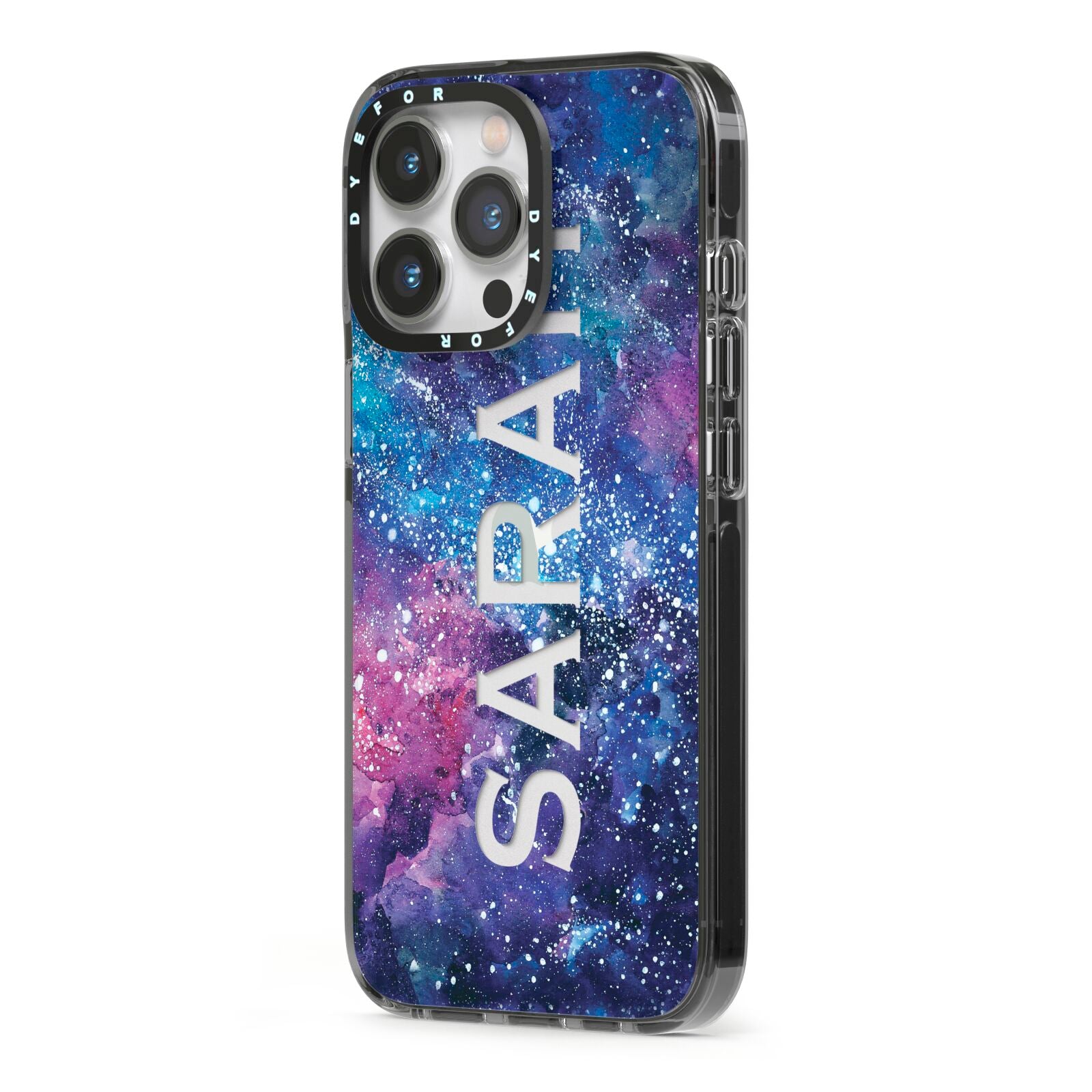 Personalised Clear Name Cutout Space Nebula Custom iPhone 13 Pro Black Impact Case Side Angle on Silver phone