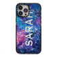 Personalised Clear Name Cutout Space Nebula Custom iPhone 13 Pro Max Black Impact Case on Silver phone