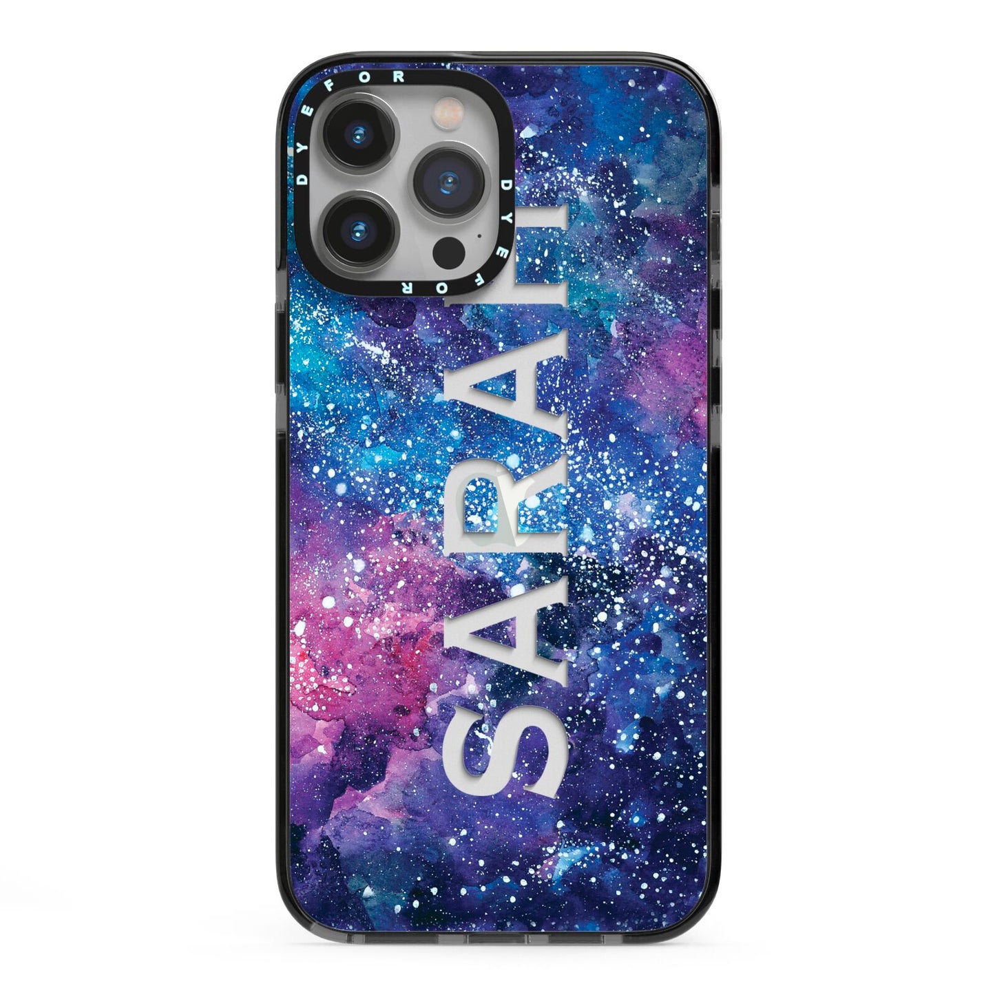 Personalised Clear Name Cutout Space Nebula Custom iPhone 13 Pro Max Black Impact Case on Silver phone