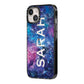 Personalised Clear Name Cutout Space Nebula Custom iPhone 14 Black Impact Case Side Angle on Silver phone