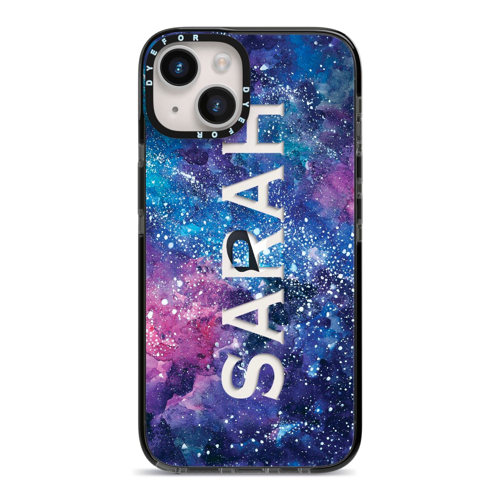 Personalised Clear Name Cutout Space Nebula Custom iPhone 14 Black Impact Case on Silver phone