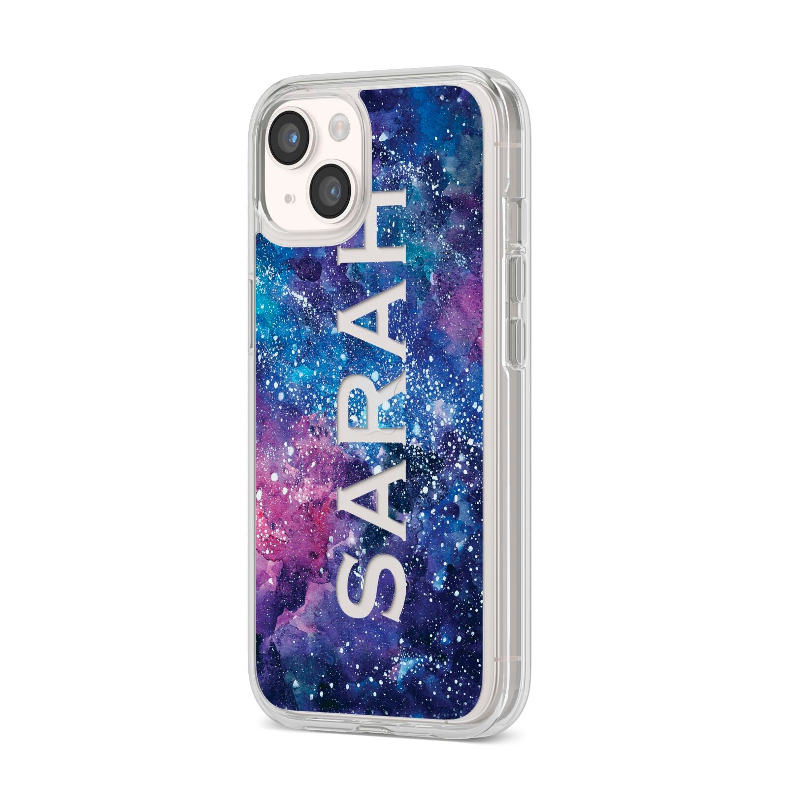 Personalised Clear Name Cutout Space Nebula Custom iPhone 14 Clear Tough Case Starlight Angled Image
