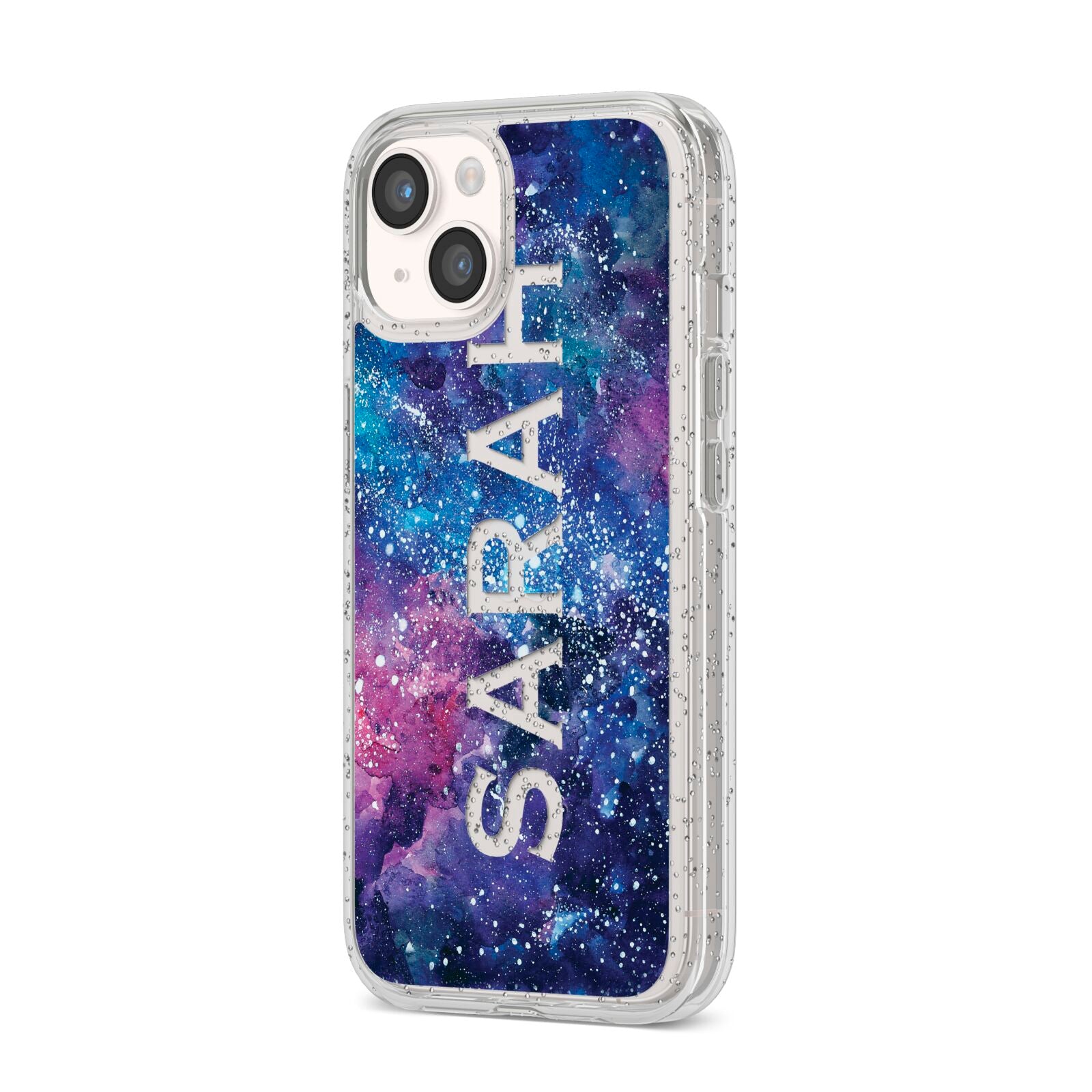 Personalised Clear Name Cutout Space Nebula Custom iPhone 14 Glitter Tough Case Starlight Angled Image