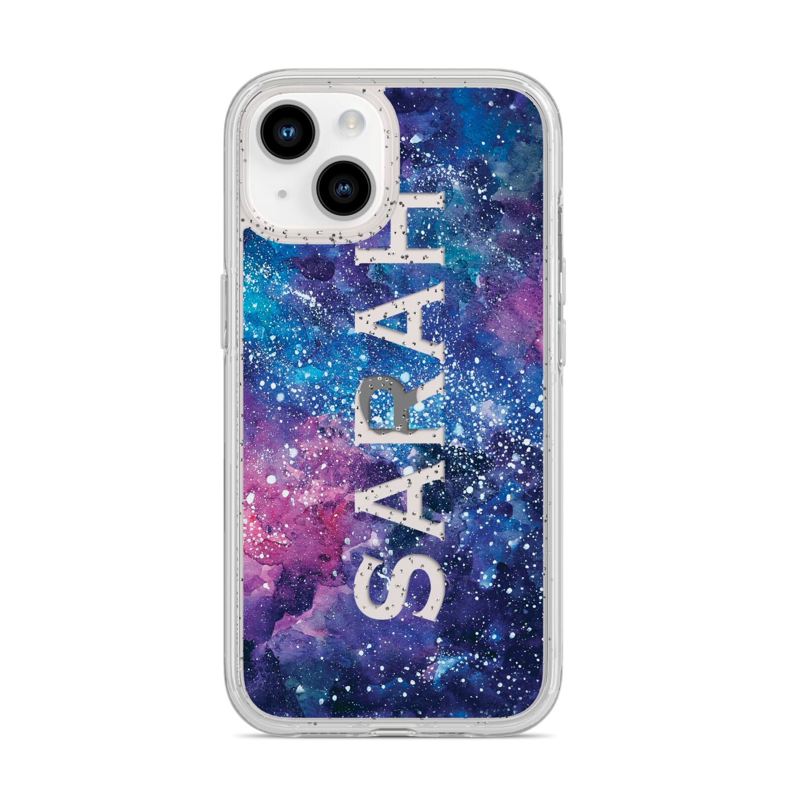 Personalised Clear Name Cutout Space Nebula Custom iPhone 14 Glitter Tough Case Starlight