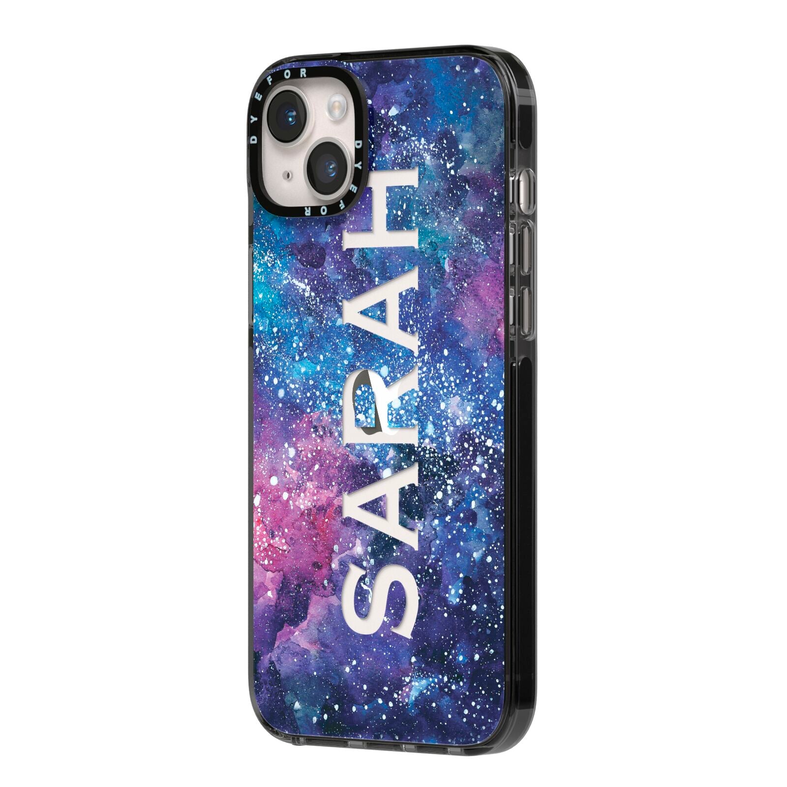 Personalised Clear Name Cutout Space Nebula Custom iPhone 14 Plus Black Impact Case Side Angle on Silver phone