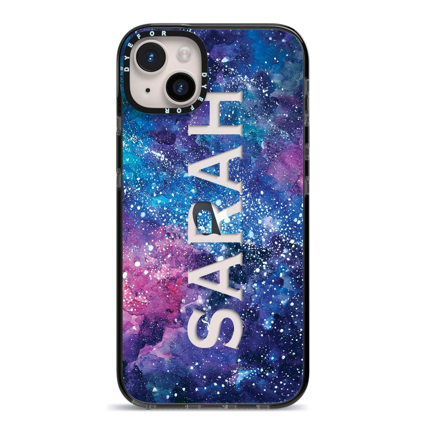 Personalised Clear Name Cutout Space Nebula Custom iPhone 14 Plus Black Impact Case on Silver phone