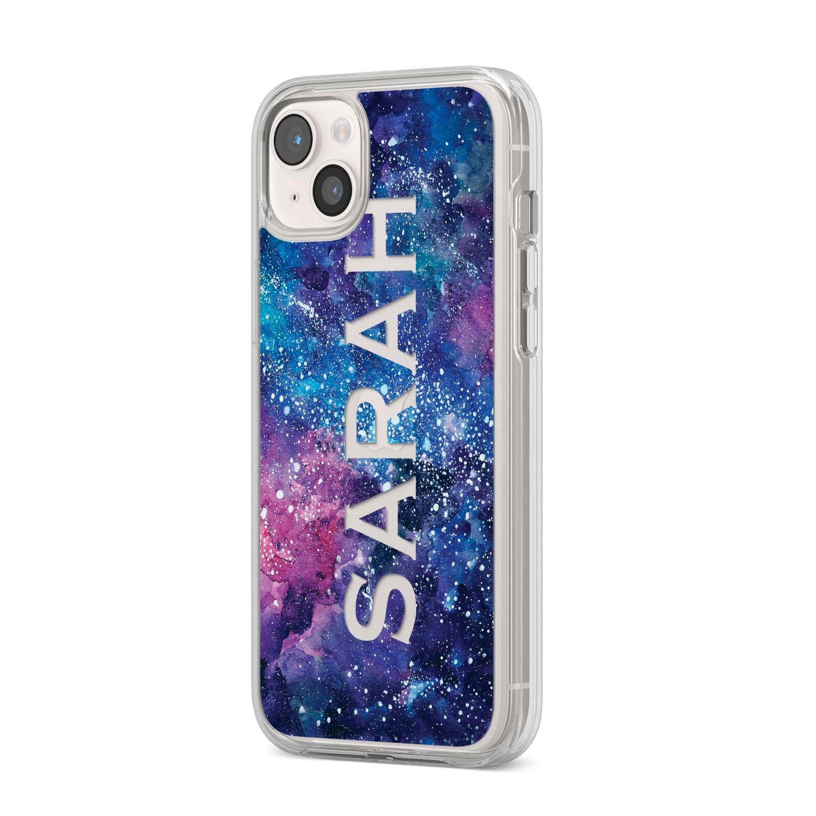 Personalised Clear Name Cutout Space Nebula Custom iPhone 14 Plus Clear Tough Case Starlight Angled Image