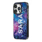 Personalised Clear Name Cutout Space Nebula Custom iPhone 14 Pro Black Impact Case Side Angle on Silver phone