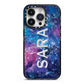 Personalised Clear Name Cutout Space Nebula Custom iPhone 14 Pro Black Impact Case on Silver phone