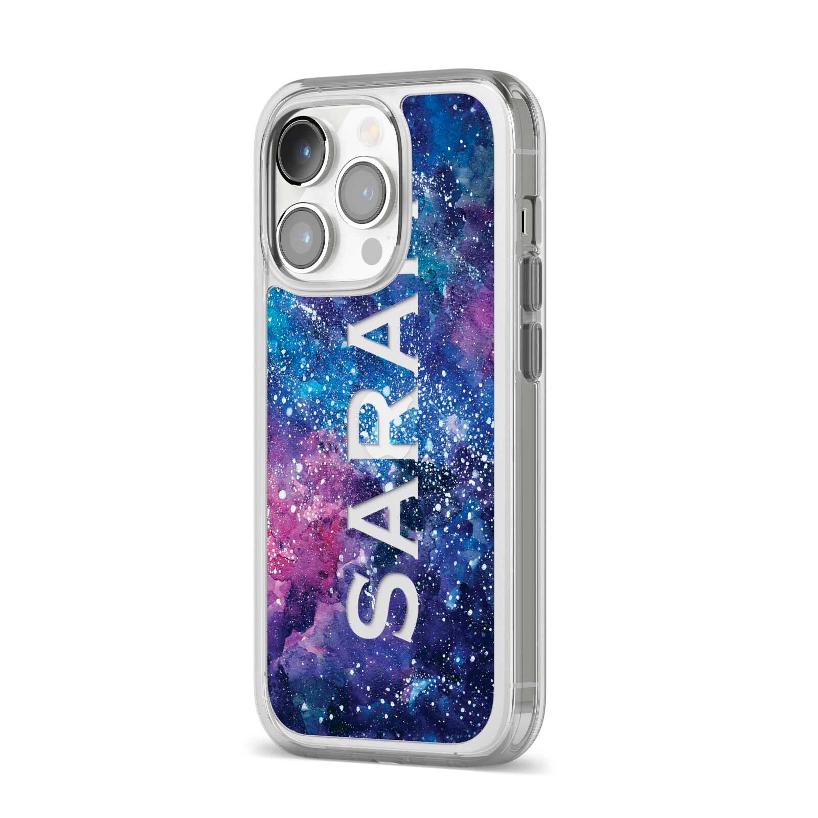 Personalised Clear Name Cutout Space Nebula Custom iPhone 14 Pro Clear Tough Case Silver Angled Image
