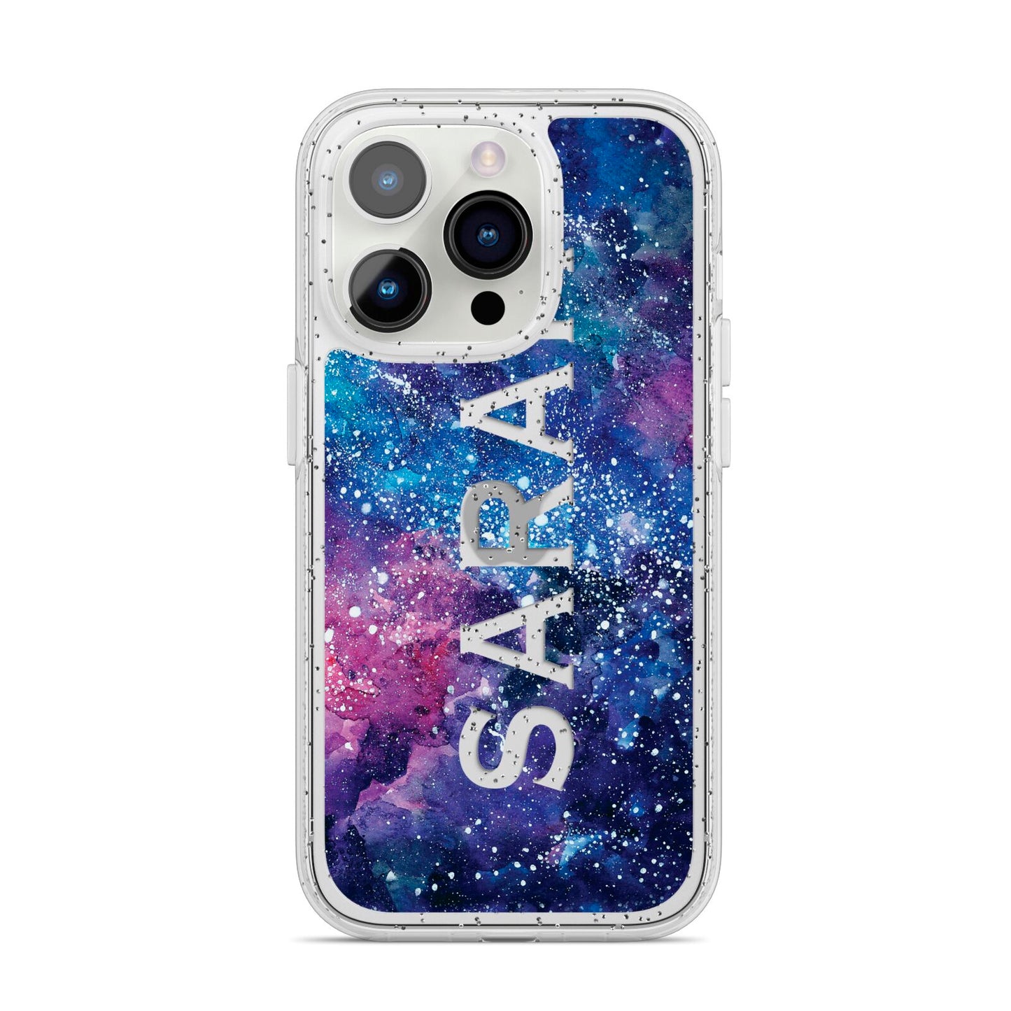 Personalised Clear Name Cutout Space Nebula Custom iPhone 14 Pro Glitter Tough Case Silver