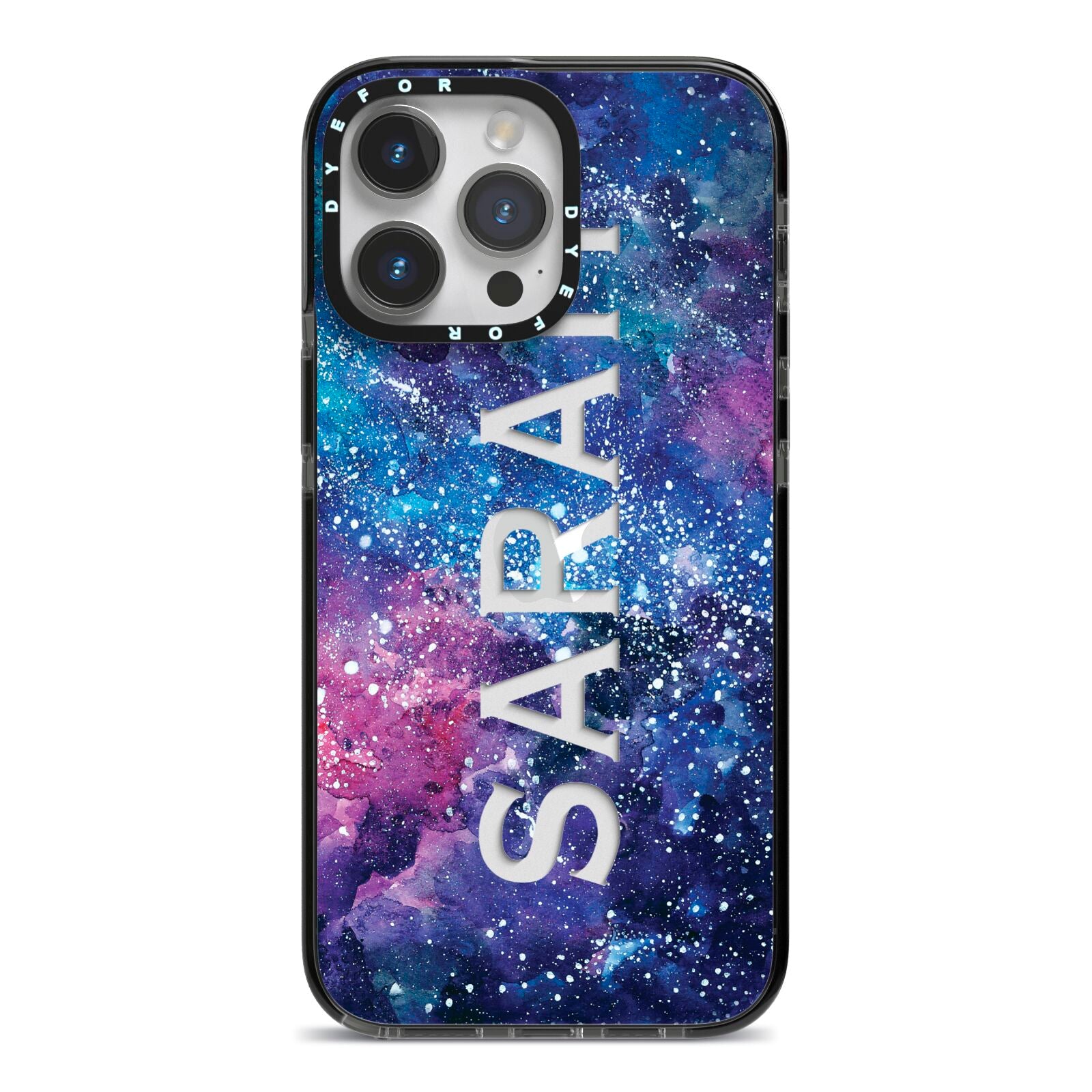 Personalised Clear Name Cutout Space Nebula Custom iPhone 14 Pro Max Black Impact Case on Silver phone