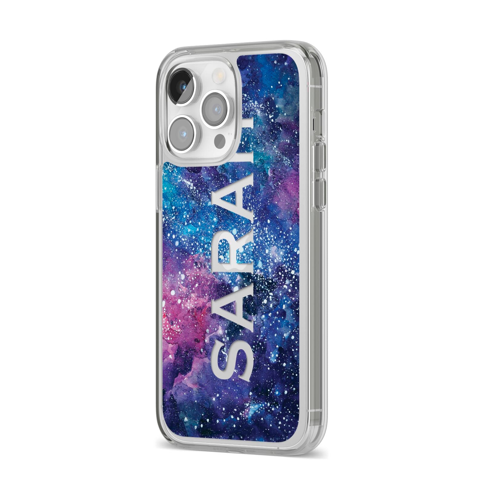 Personalised Clear Name Cutout Space Nebula Custom iPhone 14 Pro Max Clear Tough Case Silver Angled Image