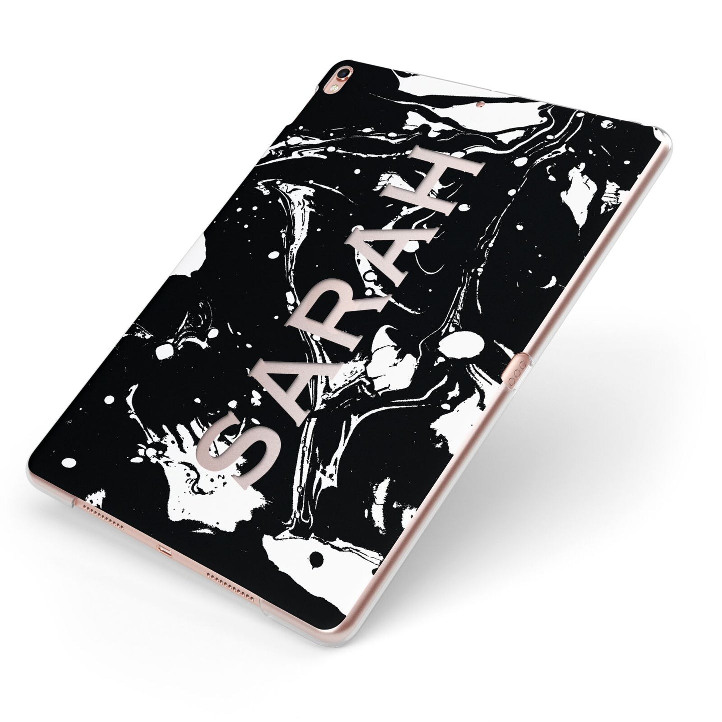 Personalised Clear Name Cutout Swirl Marble Custom Apple iPad Case on Rose Gold iPad Side View