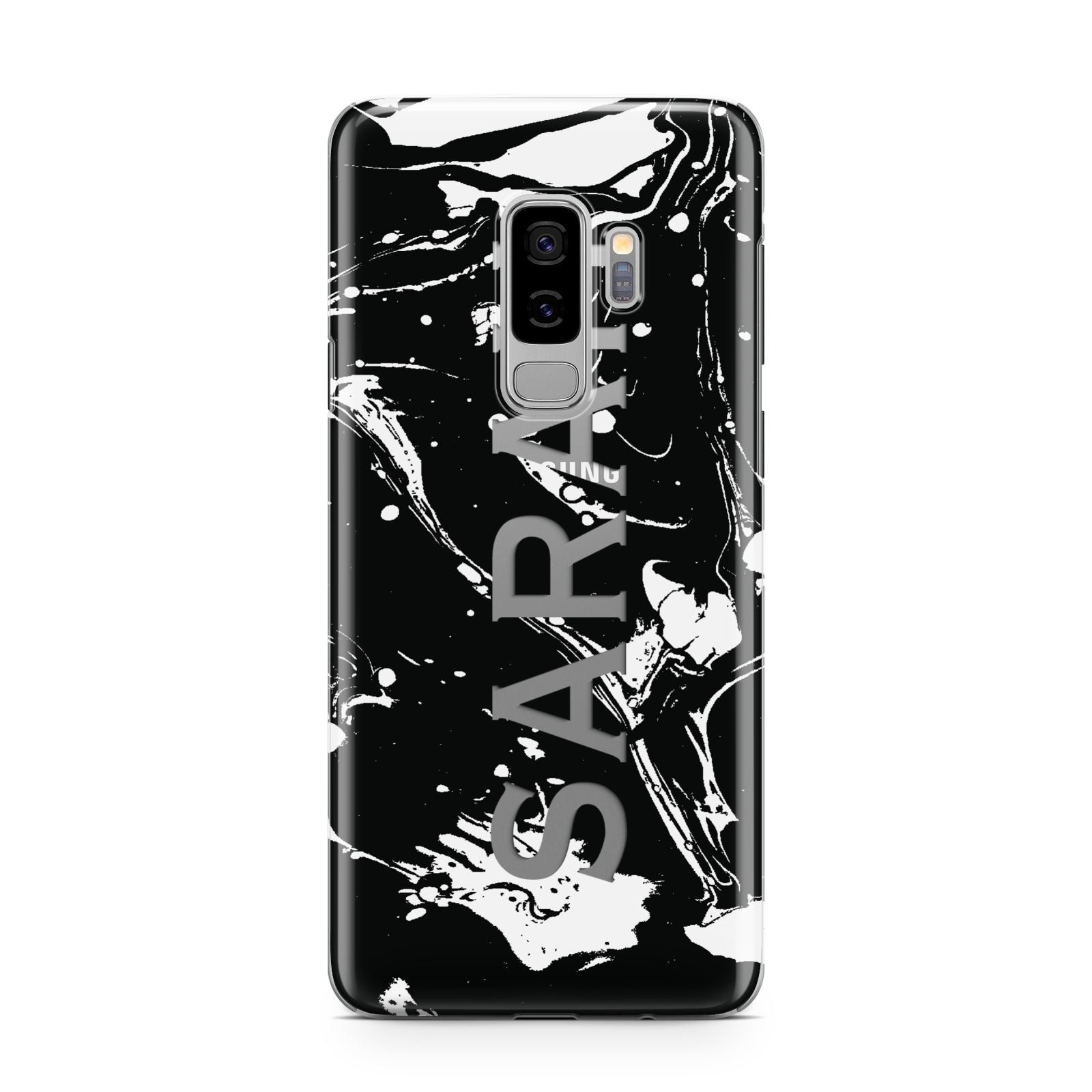 Personalised Clear Name Cutout Swirl Marble Custom Samsung Galaxy S9 Plus Case on Silver phone