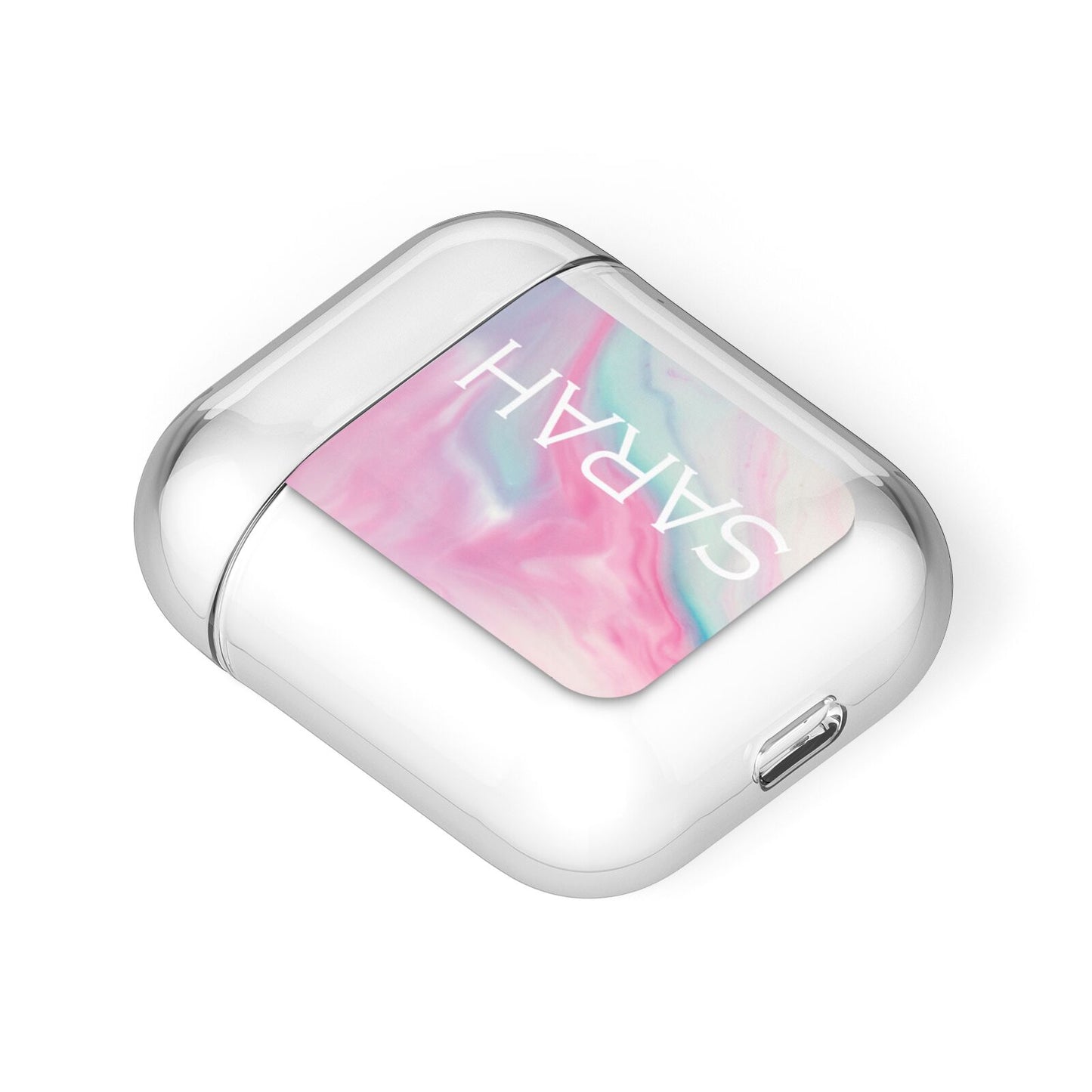 Personalised Clear Name Pastel Unicorn Marble AirPods Case Laid Flat