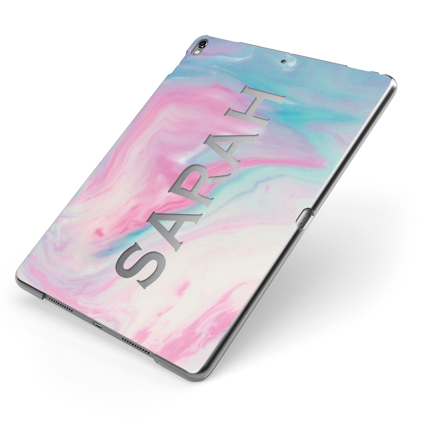 Personalised Clear Name Pastel Unicorn Marble Apple iPad Case on Grey iPad Side View