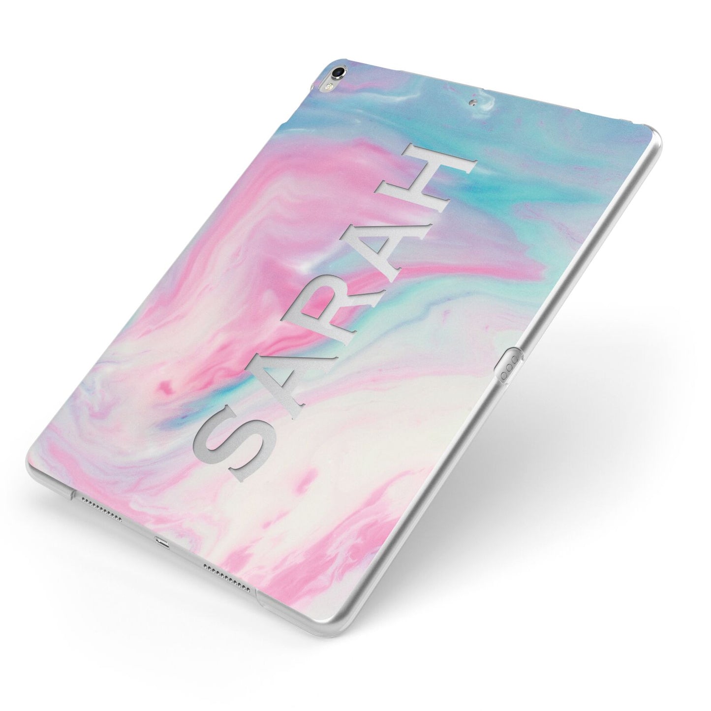Personalised Clear Name Pastel Unicorn Marble Apple iPad Case on Silver iPad Side View