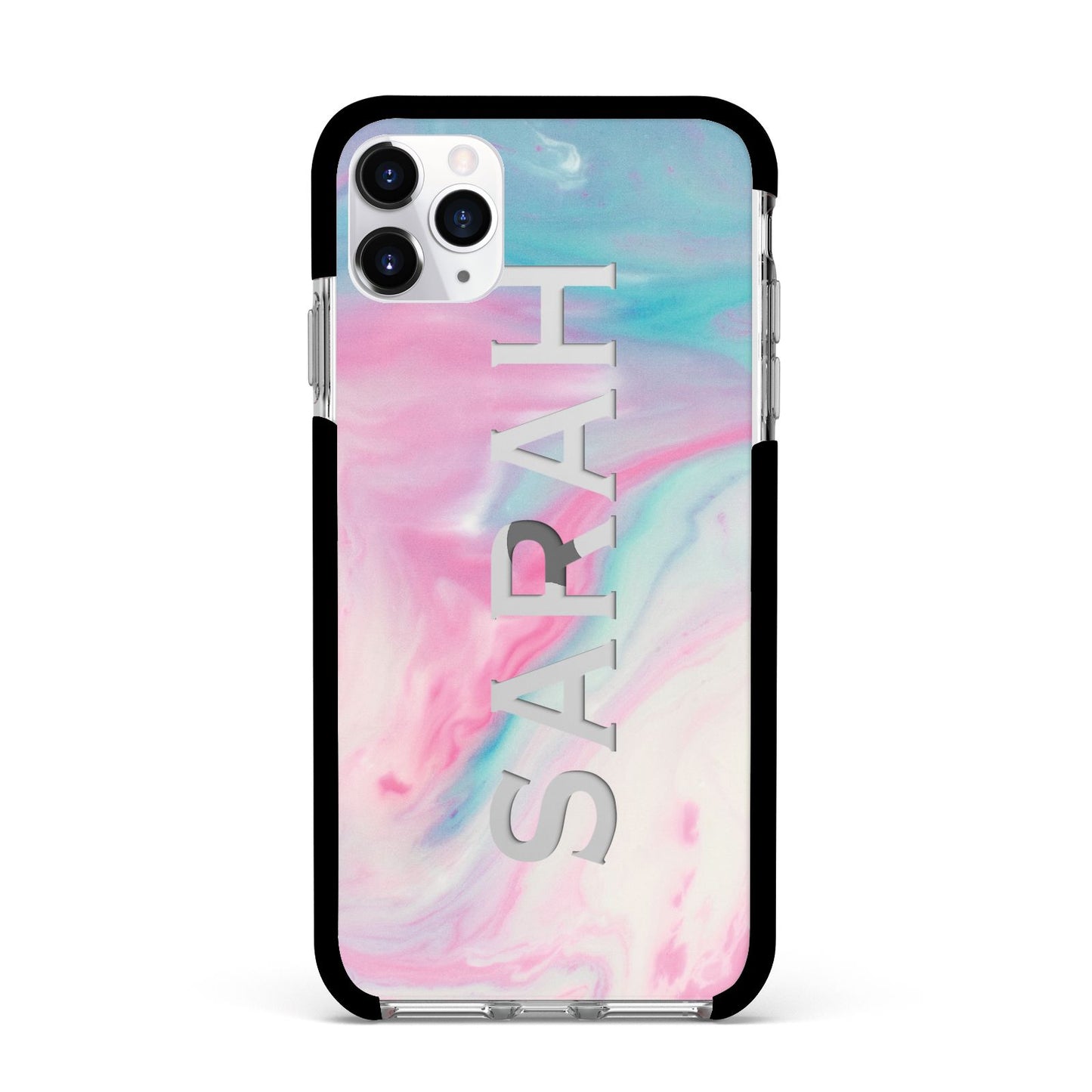 Personalised Clear Name Pastel Unicorn Marble Apple iPhone 11 Pro Max in Silver with Black Impact Case