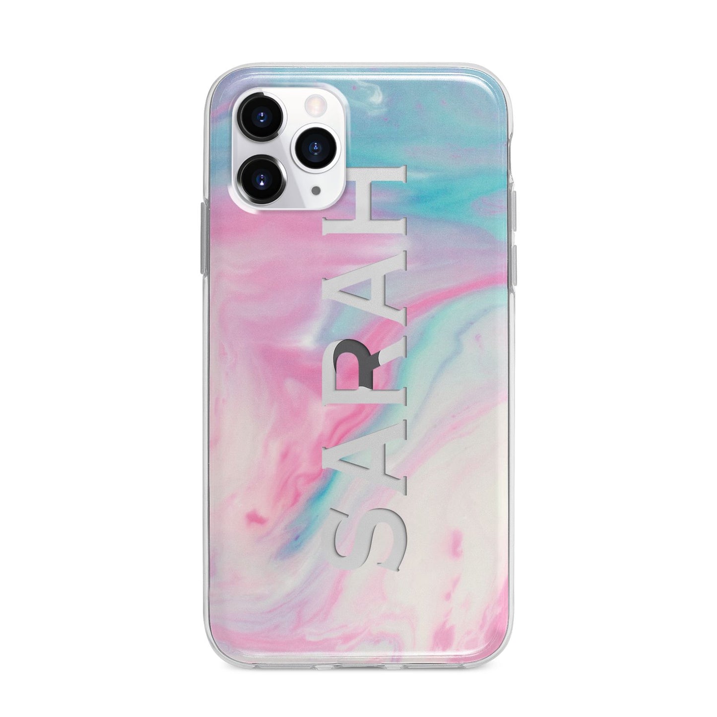 Personalised Clear Name Pastel Unicorn Marble Apple iPhone 11 Pro Max in Silver with Bumper Case