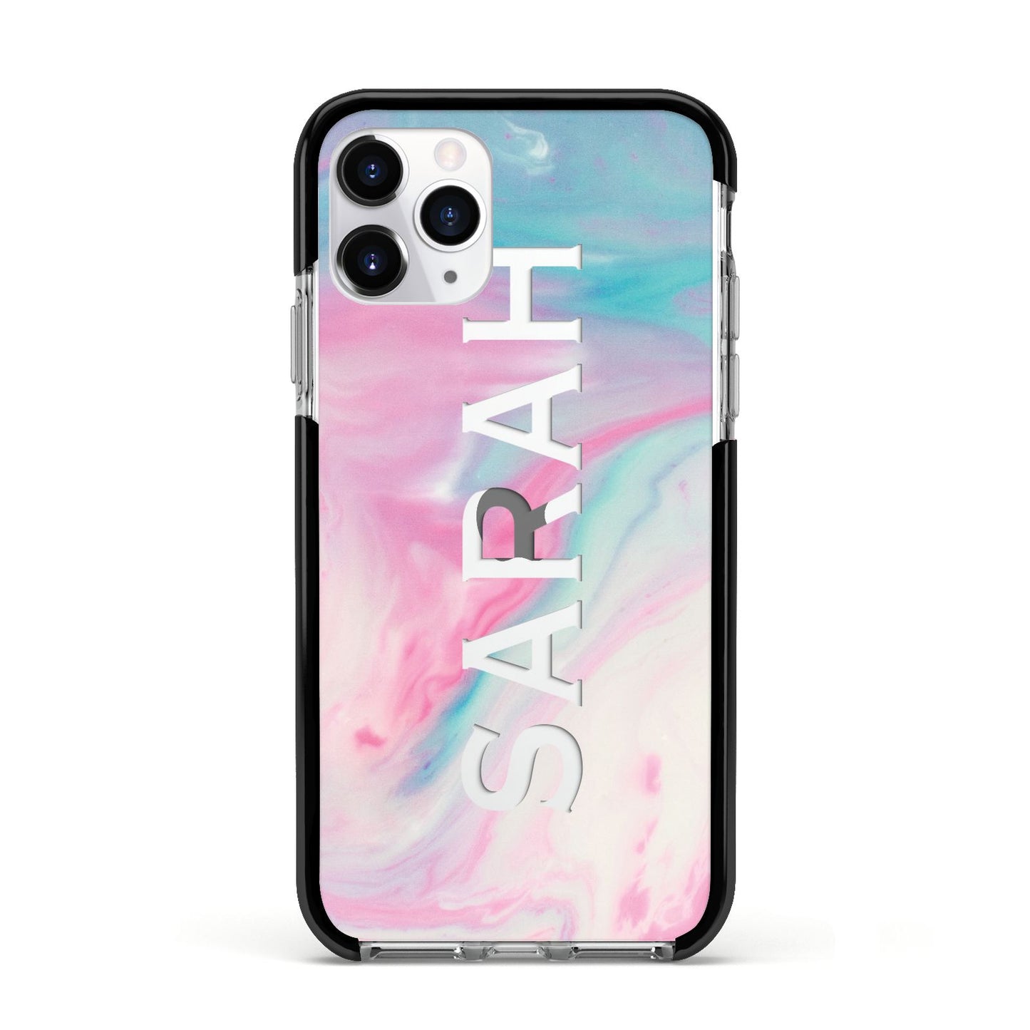 Personalised Clear Name Pastel Unicorn Marble Apple iPhone 11 Pro in Silver with Black Impact Case