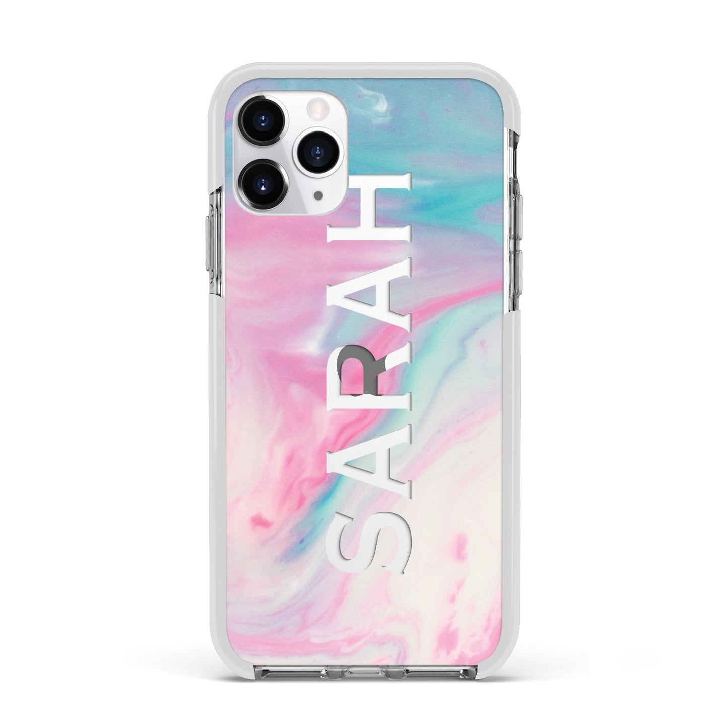 Personalised Clear Name Pastel Unicorn Marble Apple iPhone 11 Pro in Silver with White Impact Case