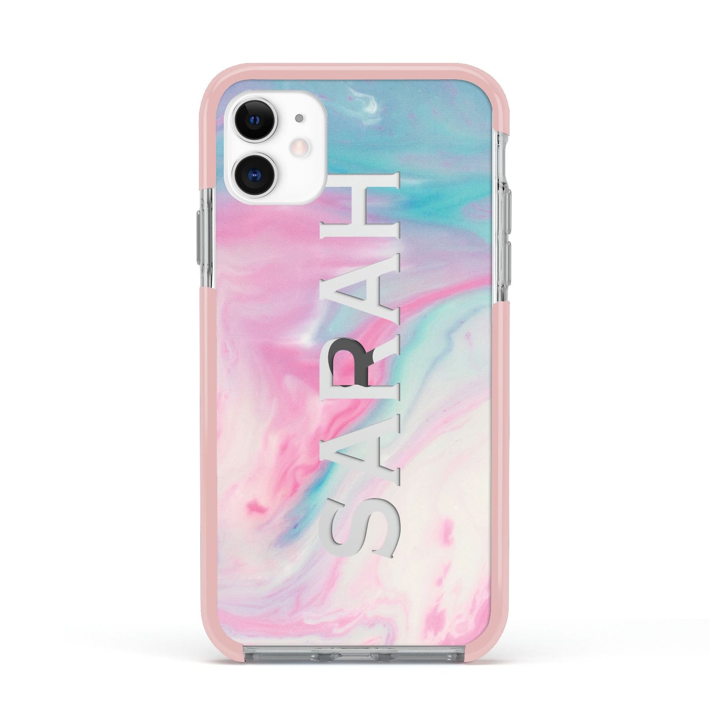 Personalised Clear Name Pastel Unicorn Marble Apple iPhone 11 in White with Pink Impact Case