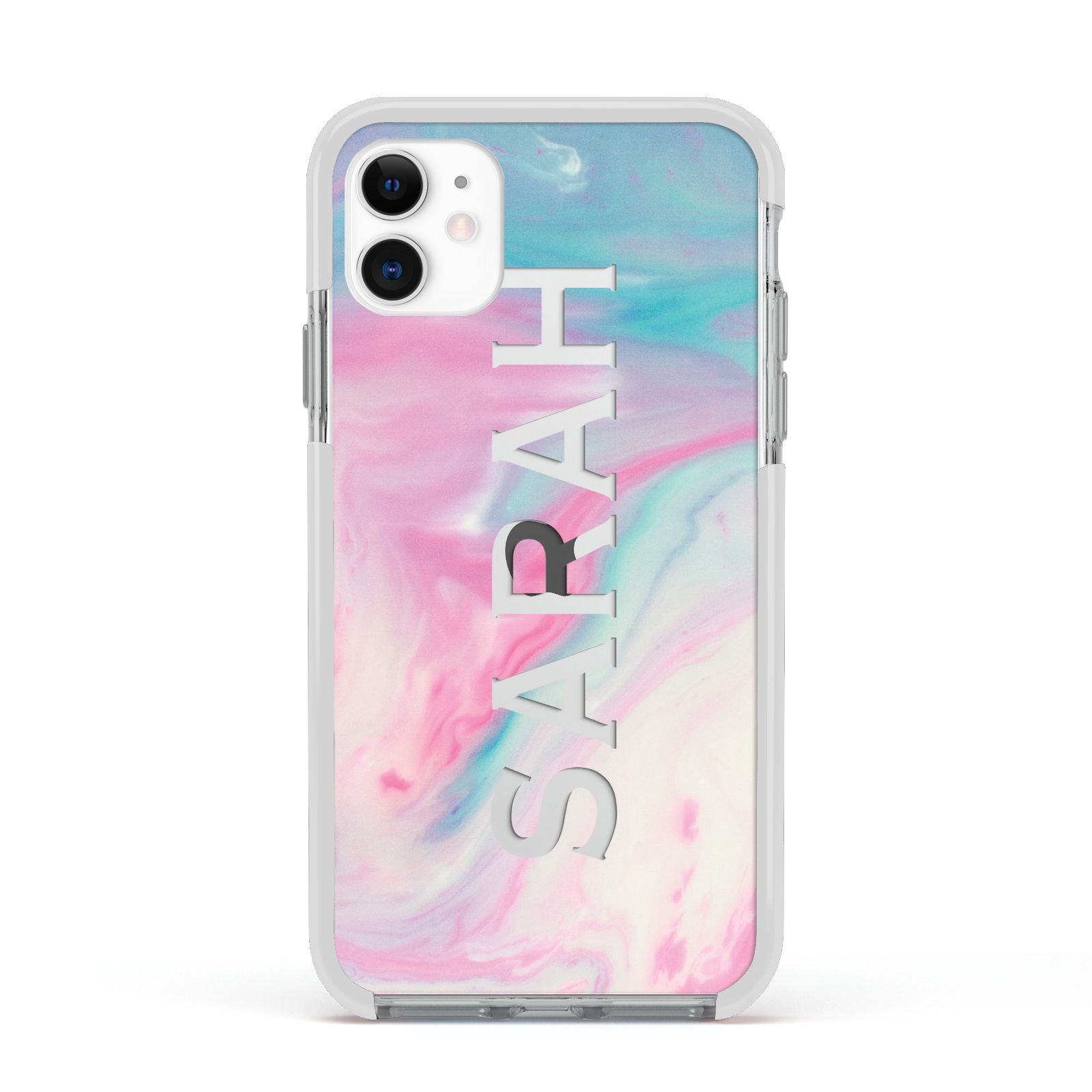 Personalised Clear Name Pastel Unicorn Marble Apple iPhone 11 in White with White Impact Case