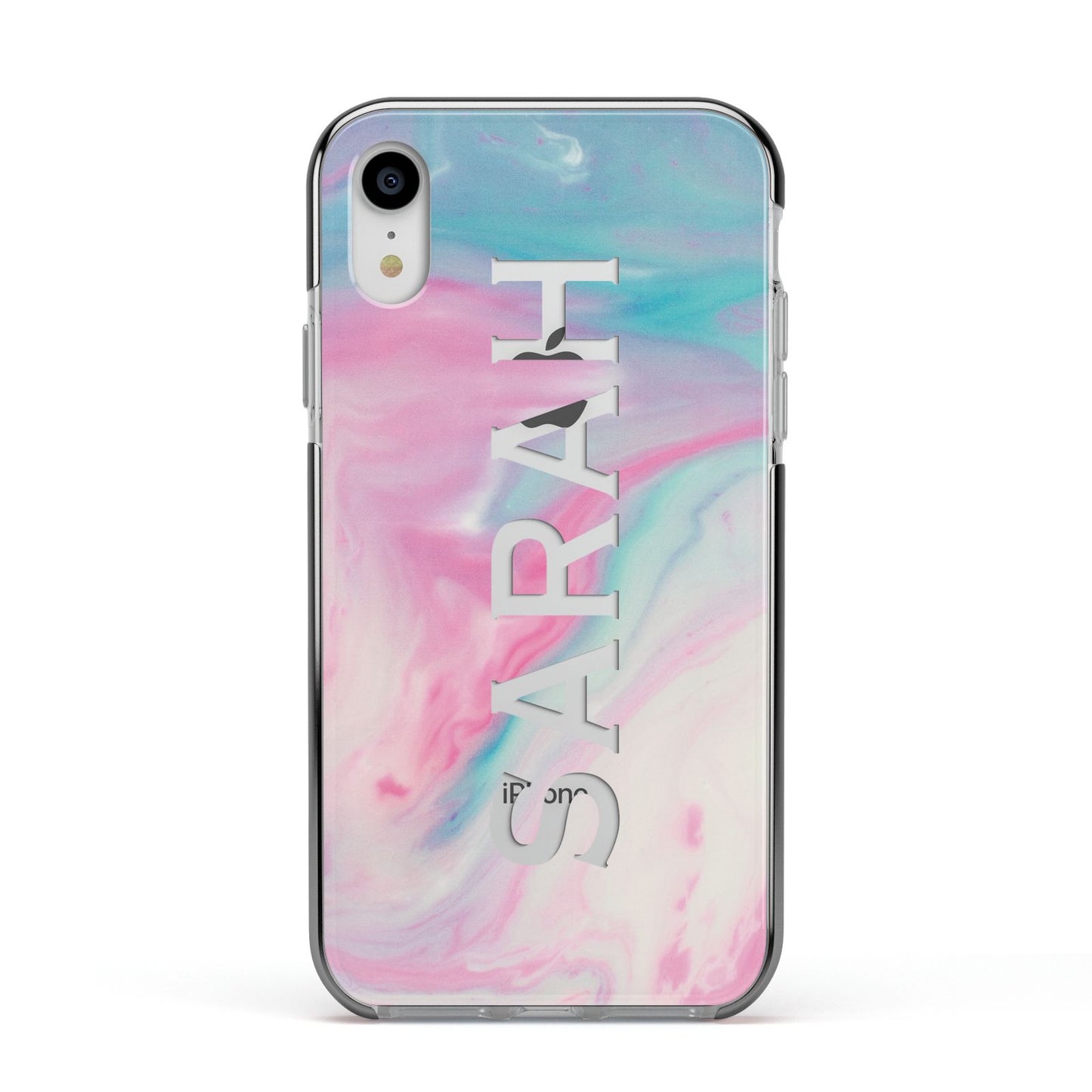 Personalised Clear Name Pastel Unicorn Marble Apple iPhone XR Impact Case Black Edge on Silver Phone