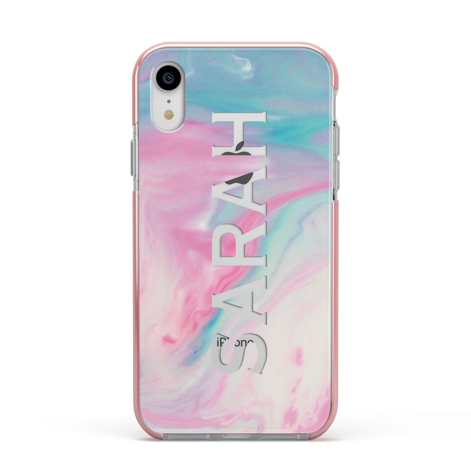 Personalised Clear Name Pastel Unicorn Marble Apple iPhone XR Impact Case Pink Edge on Silver Phone
