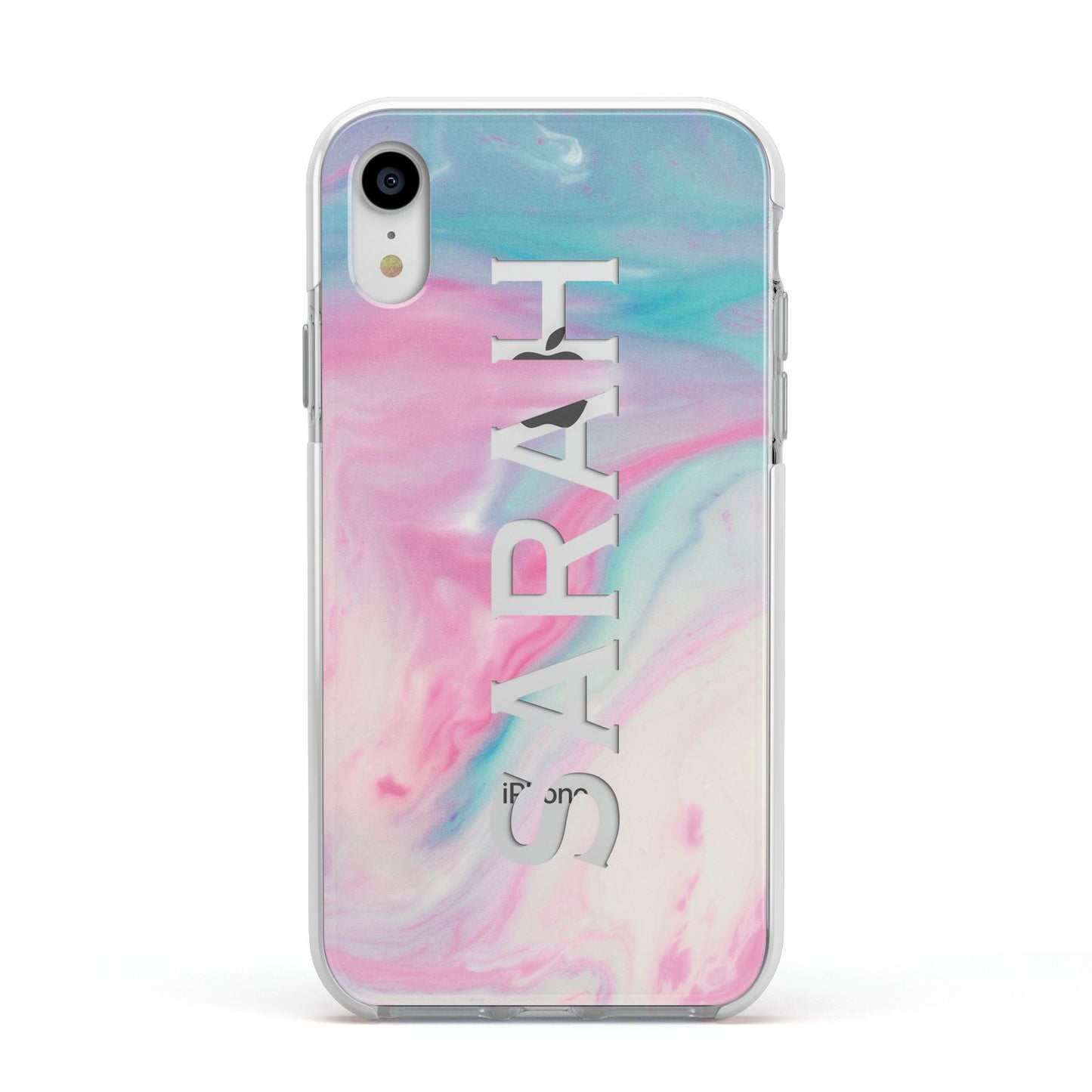 Personalised Clear Name Pastel Unicorn Marble Apple iPhone XR Impact Case White Edge on Silver Phone