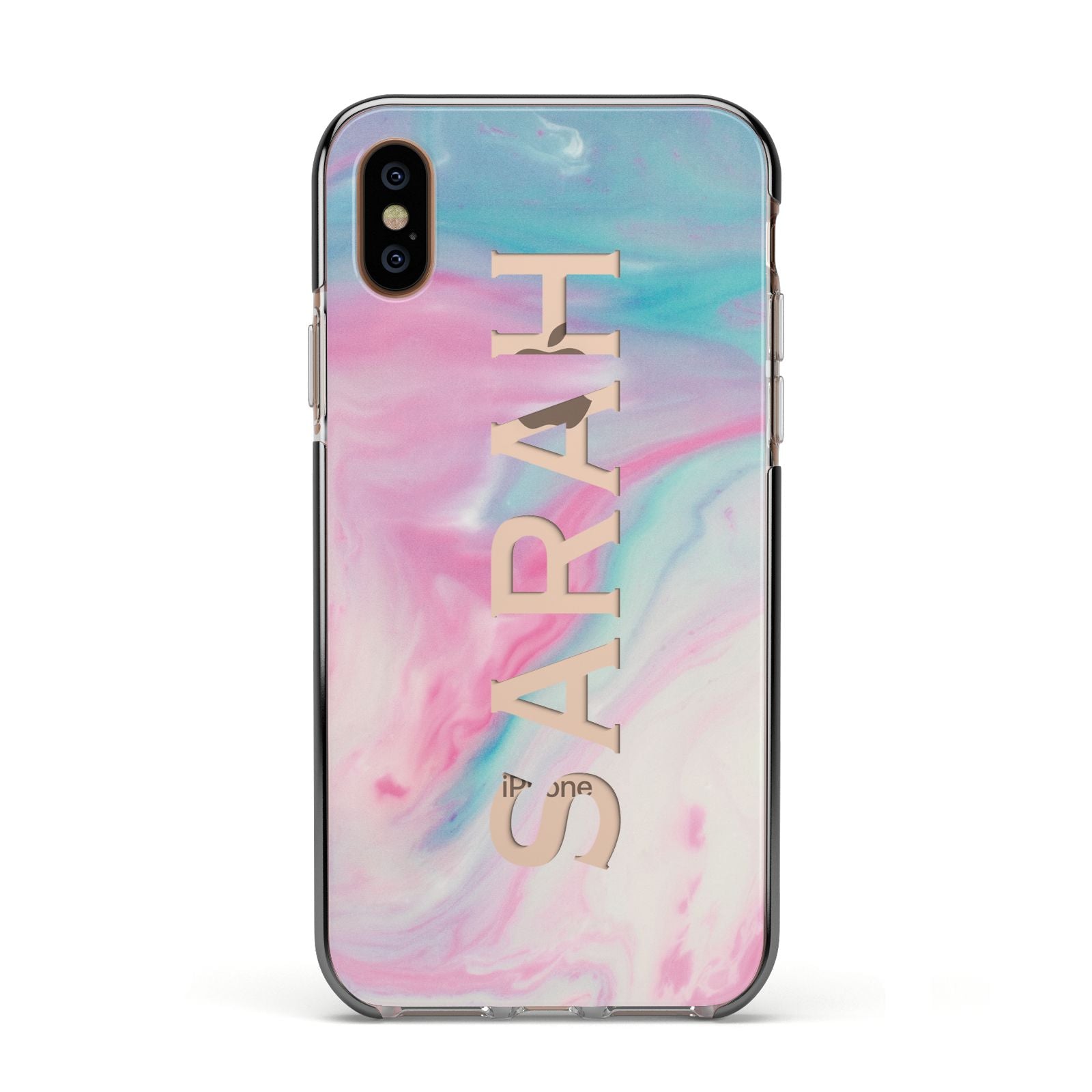 Personalised Clear Name Pastel Unicorn Marble Apple iPhone Xs Impact Case Black Edge on Gold Phone