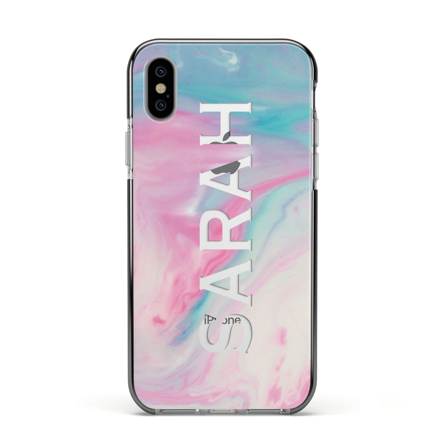 Personalised Clear Name Pastel Unicorn Marble Apple iPhone Xs Impact Case Black Edge on Silver Phone
