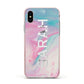 Personalised Clear Name Pastel Unicorn Marble Apple iPhone Xs Impact Case Pink Edge on Silver Phone