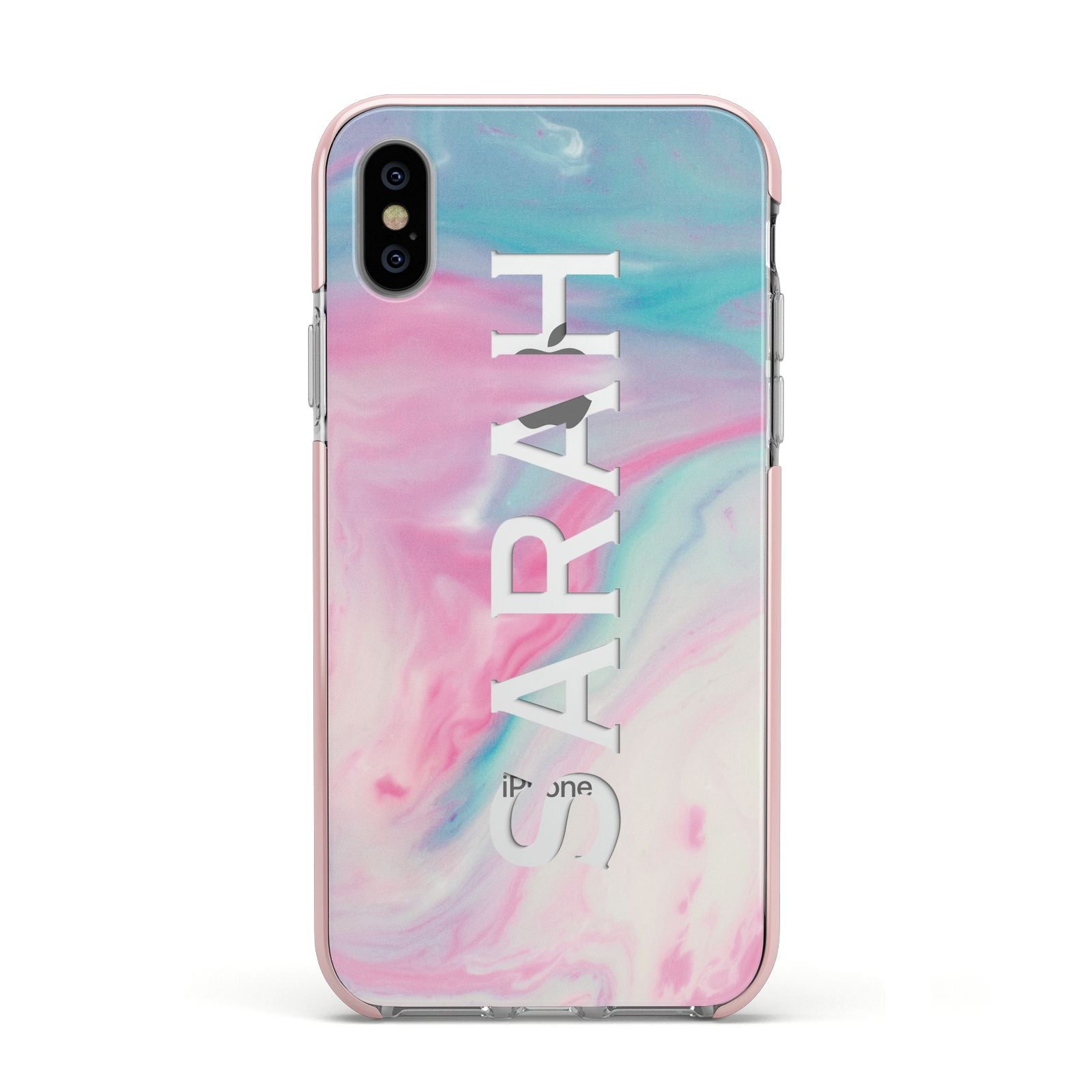 Personalised Clear Name Pastel Unicorn Marble Apple iPhone Xs Impact Case Pink Edge on Silver Phone