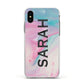 Personalised Clear Name Pastel Unicorn Marble Apple iPhone Xs Impact Case White Edge on Black Phone