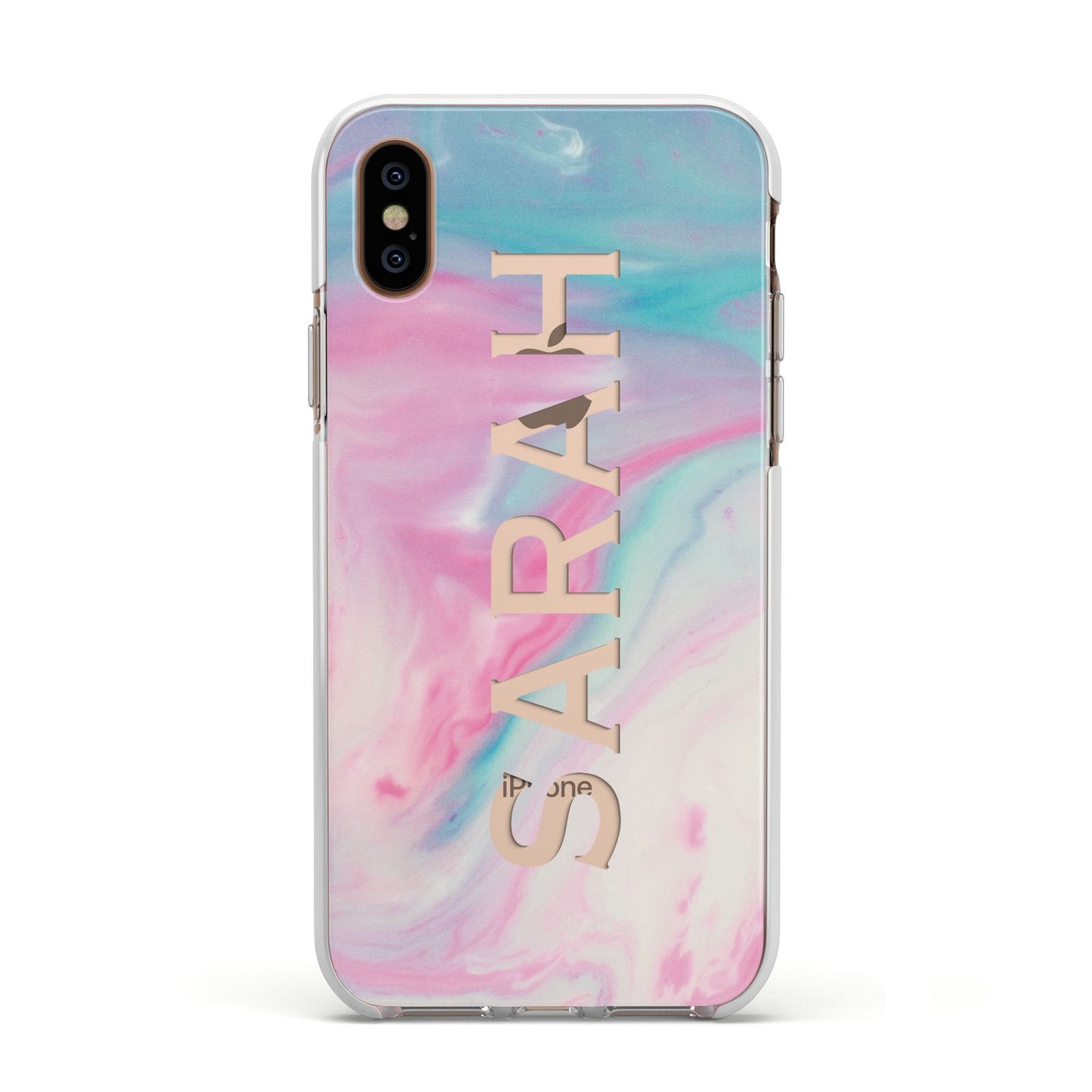 Personalised Clear Name Pastel Unicorn Marble Apple iPhone Xs Impact Case White Edge on Gold Phone