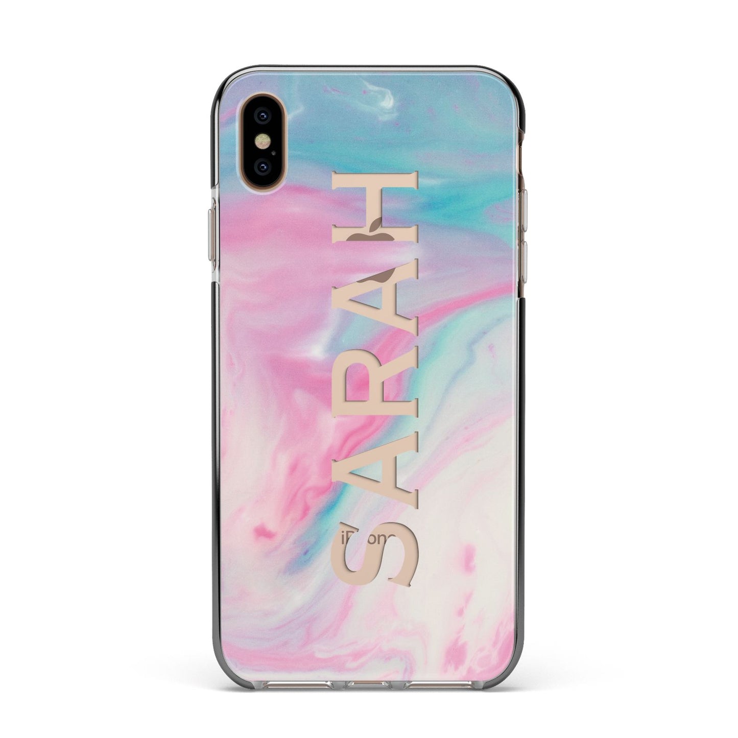 Personalised Clear Name Pastel Unicorn Marble Apple iPhone Xs Max Impact Case Black Edge on Gold Phone