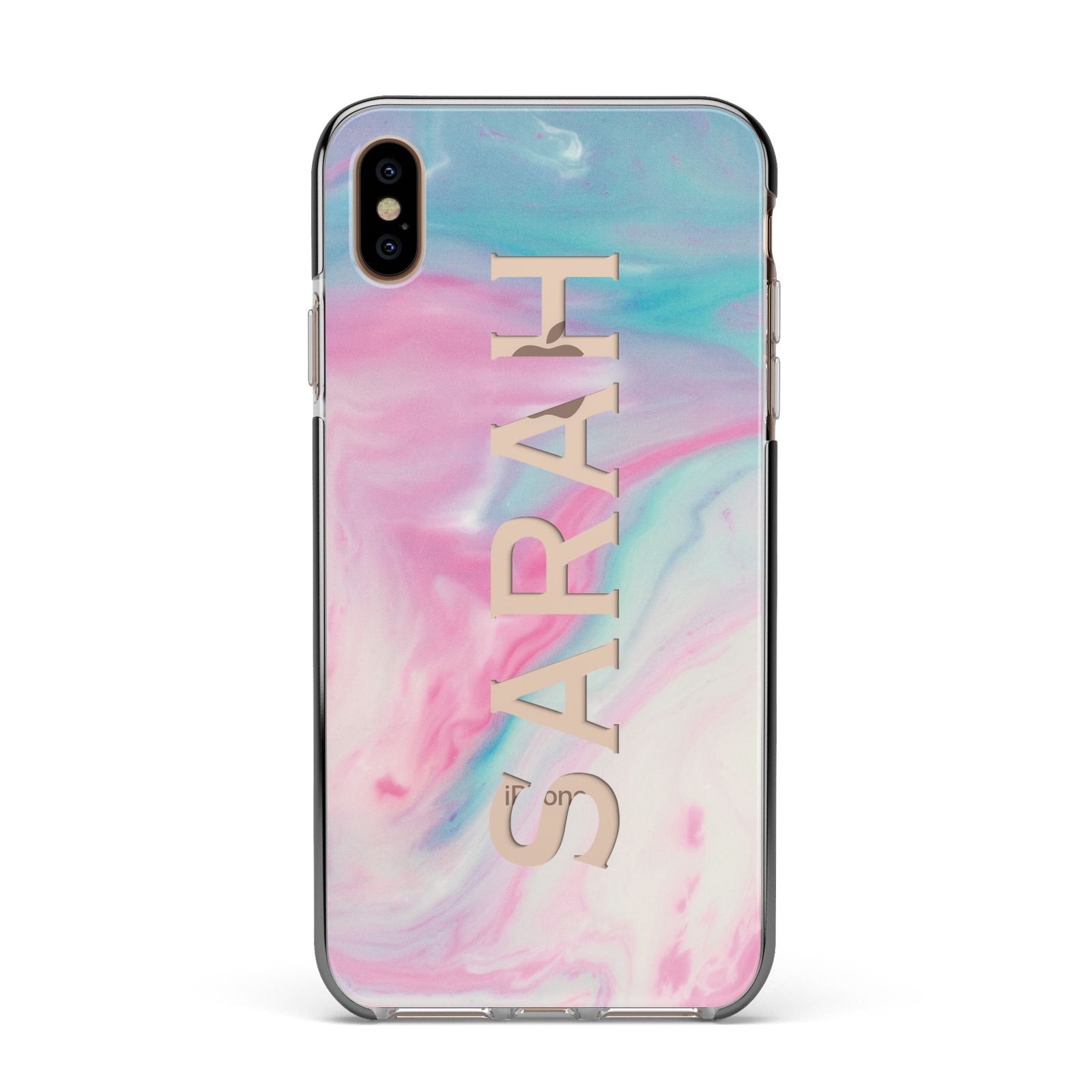 Personalised Clear Name Pastel Unicorn Marble Apple iPhone Xs Max Impact Case Black Edge on Gold Phone