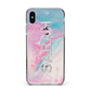 Personalised Clear Name Pastel Unicorn Marble Apple iPhone Xs Max Impact Case Black Edge on Silver Phone