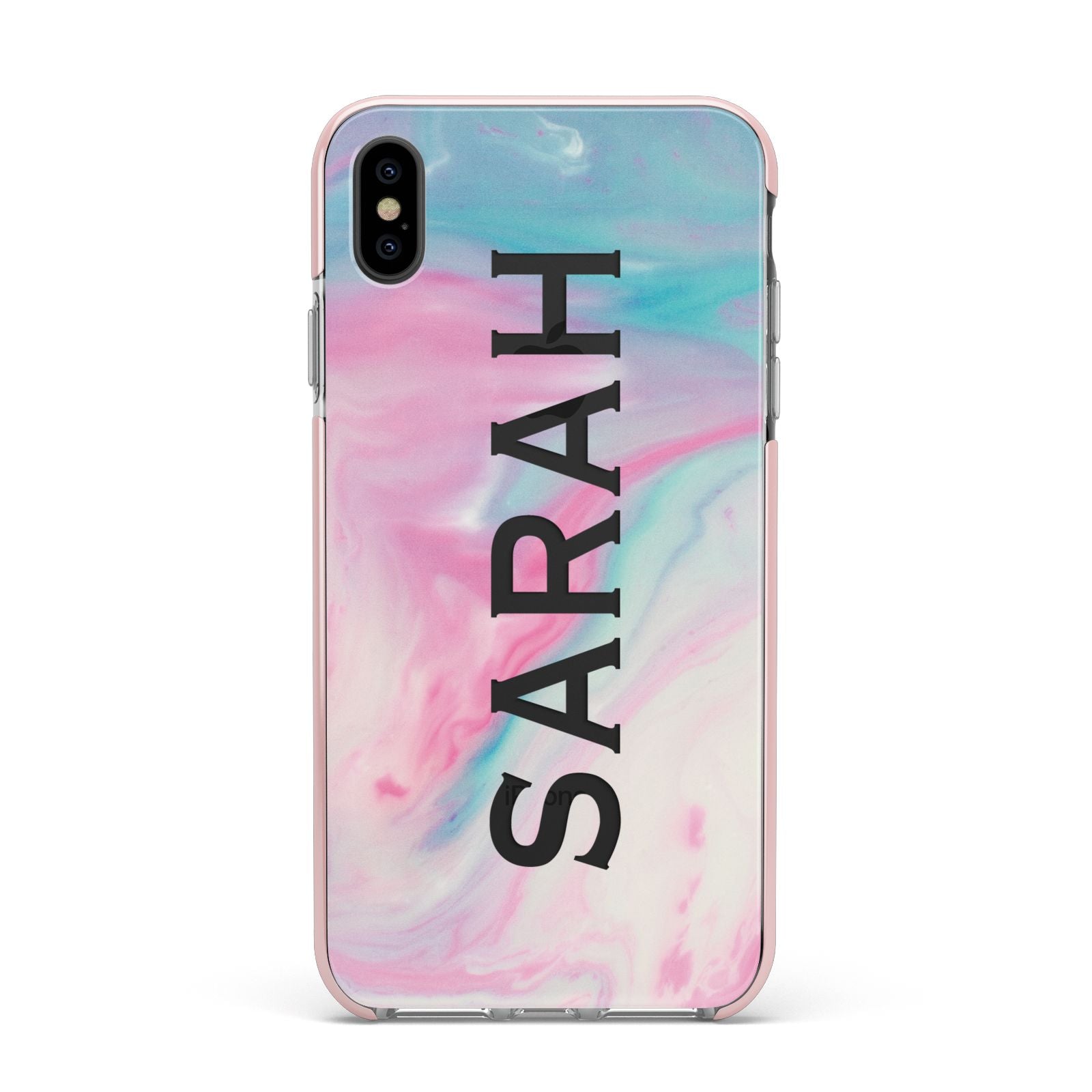 Personalised Clear Name Pastel Unicorn Marble Apple iPhone Xs Max Impact Case Pink Edge on Black Phone