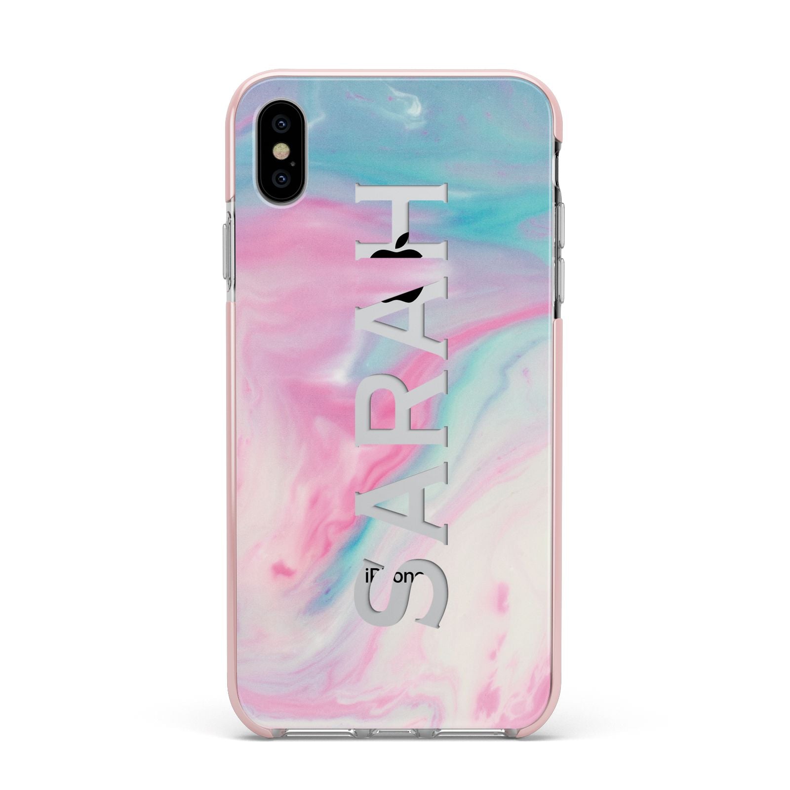 Personalised Clear Name Pastel Unicorn Marble Apple iPhone Xs Max Impact Case Pink Edge on Silver Phone