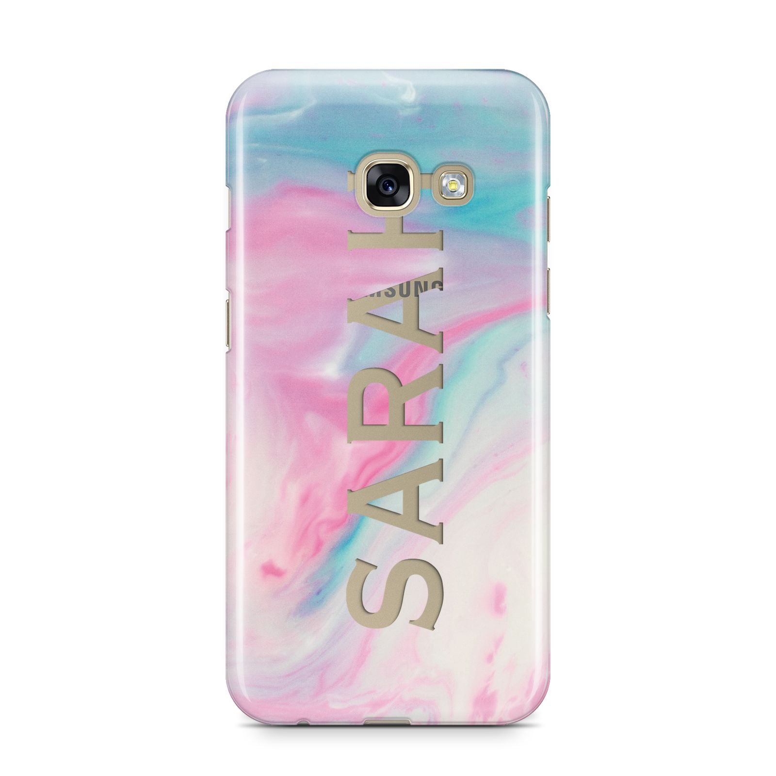 Personalised Clear Name Pastel Unicorn Marble Samsung Galaxy A3 2017 Case on gold phone