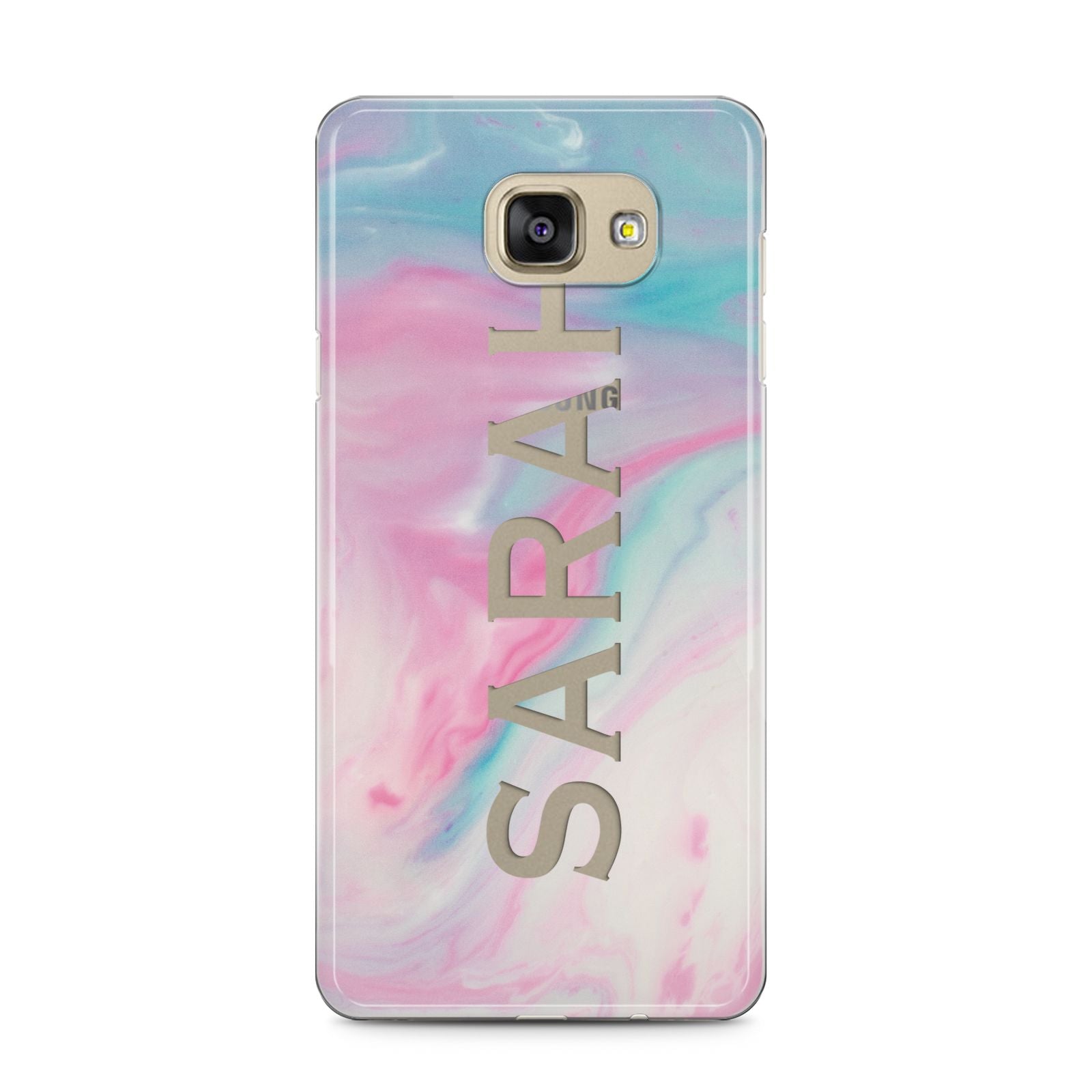 Personalised Clear Name Pastel Unicorn Marble Samsung Galaxy A5 2016 Case on gold phone