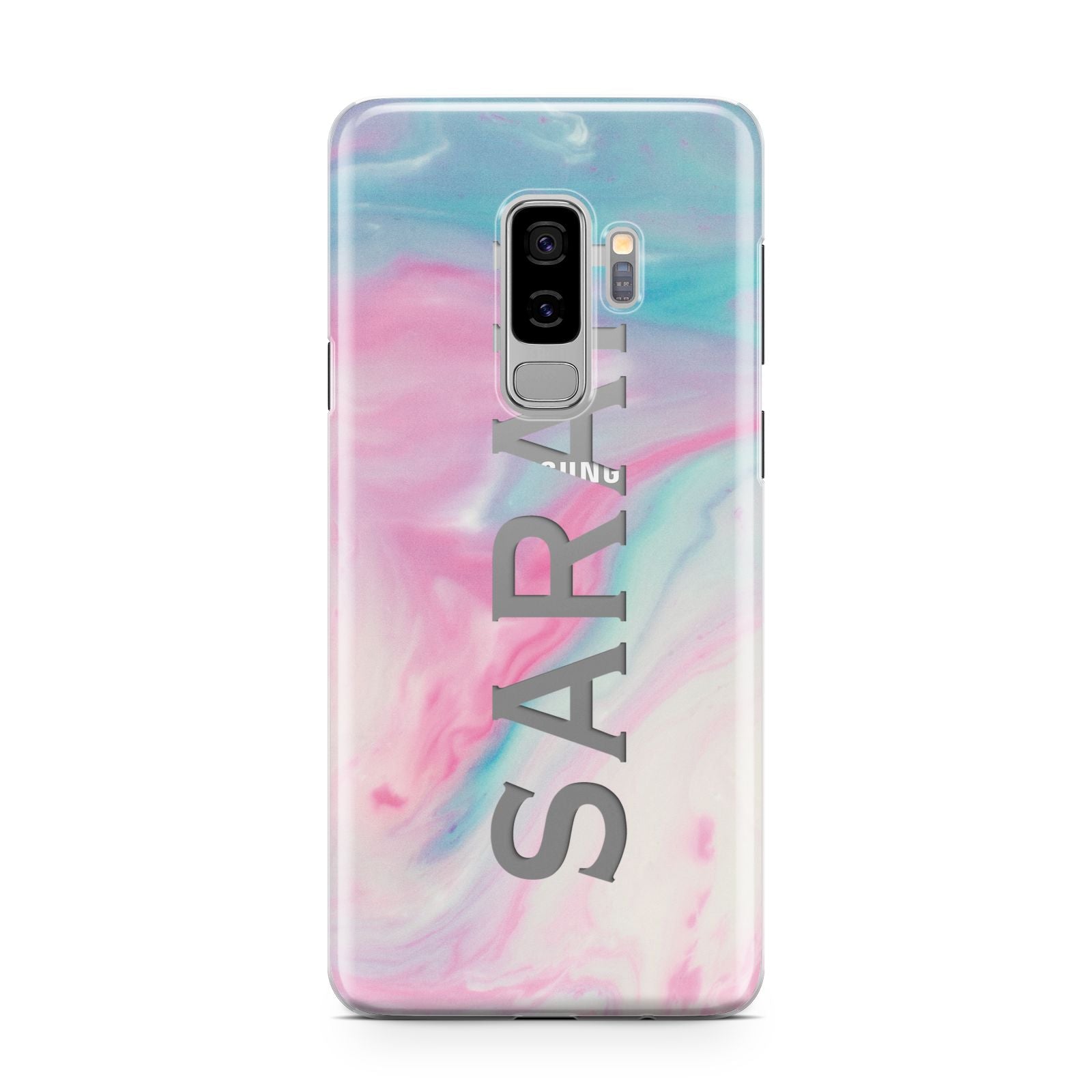Personalised Clear Name Pastel Unicorn Marble Samsung Galaxy S9 Plus Case on Silver phone