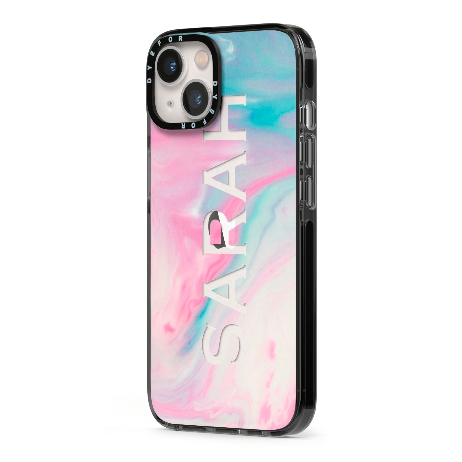 Personalised Clear Name Pastel Unicorn Marble iPhone 13 Black Impact Case Side Angle on Silver phone