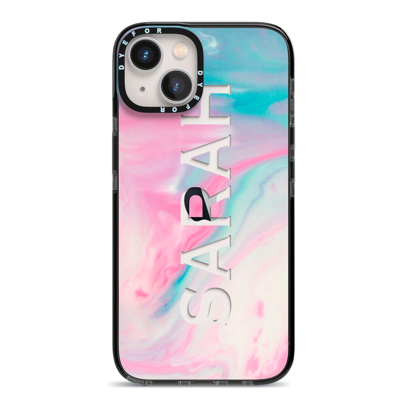 Personalised Clear Name Pastel Unicorn Marble iPhone 13 Black Impact Case on Silver phone