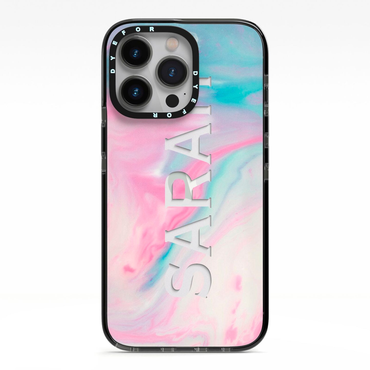 Personalised Clear Name Pastel Unicorn Marble iPhone 13 Pro Black Impact Case on Silver phone