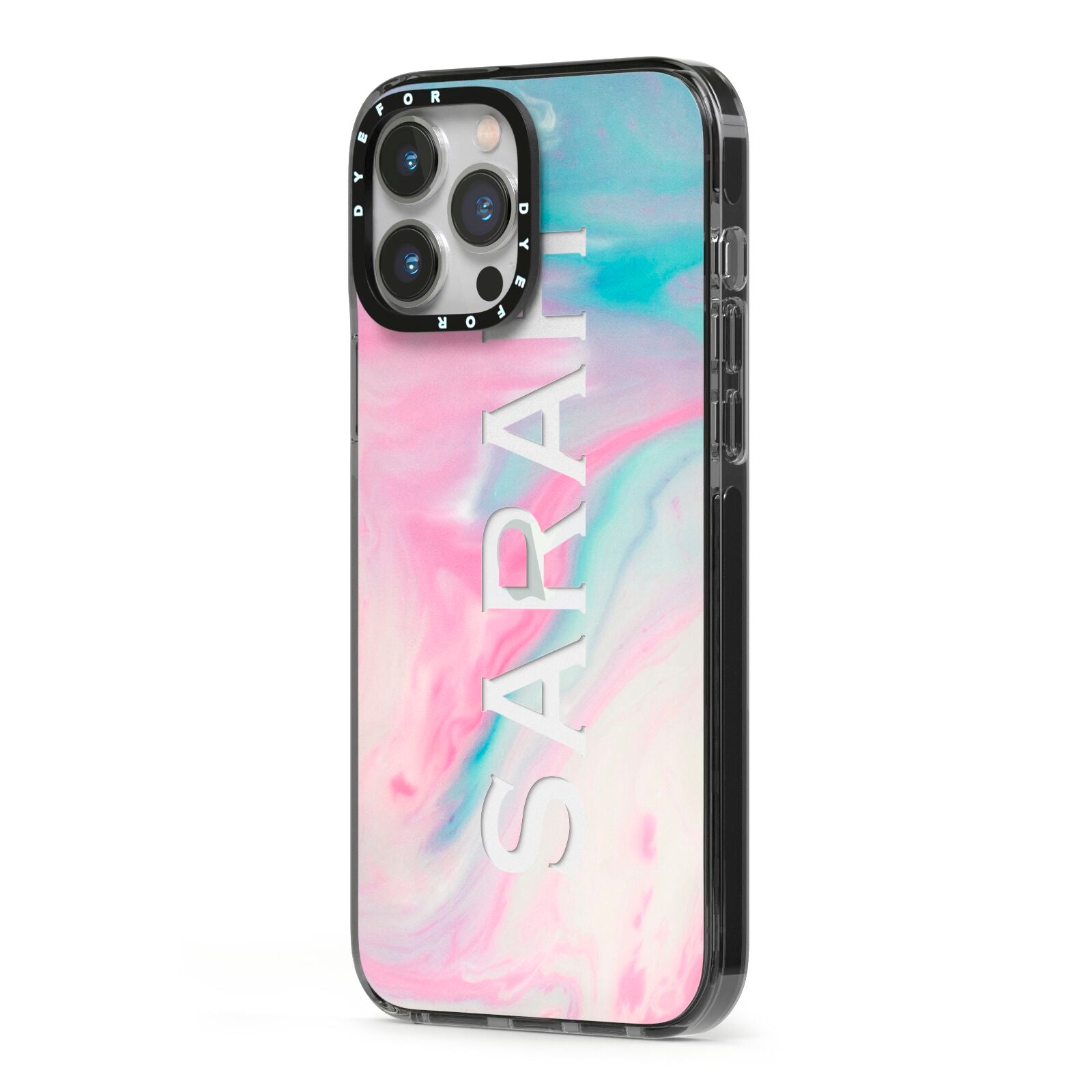 Personalised Clear Name Pastel Unicorn Marble iPhone 13 Pro Max Black Impact Case Side Angle on Silver phone